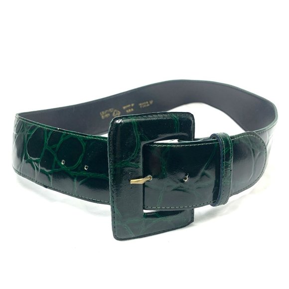 Leather Shop Women's Emerald Green Croc-Embossed Wide Leather Belt - Size Medium - Picture 5 of 5